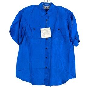 NWT VTG Women Royal Blue Washable Silk Short Sleeve Button Up Shirt Frenchic MED